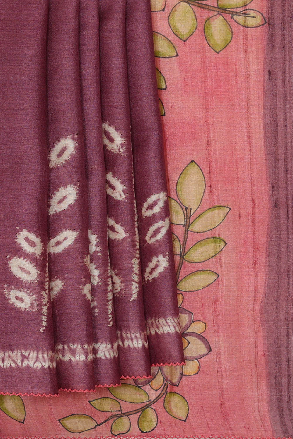 Image of Printed Tussar Wine Saree